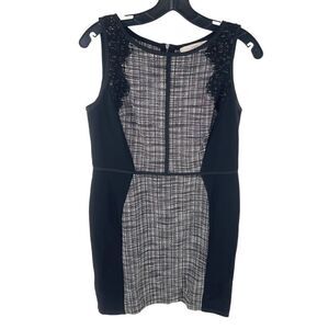LOFT Women's Sheath Dress Tweed Lace Mini Sleeveless Zip Back Black Size 8P